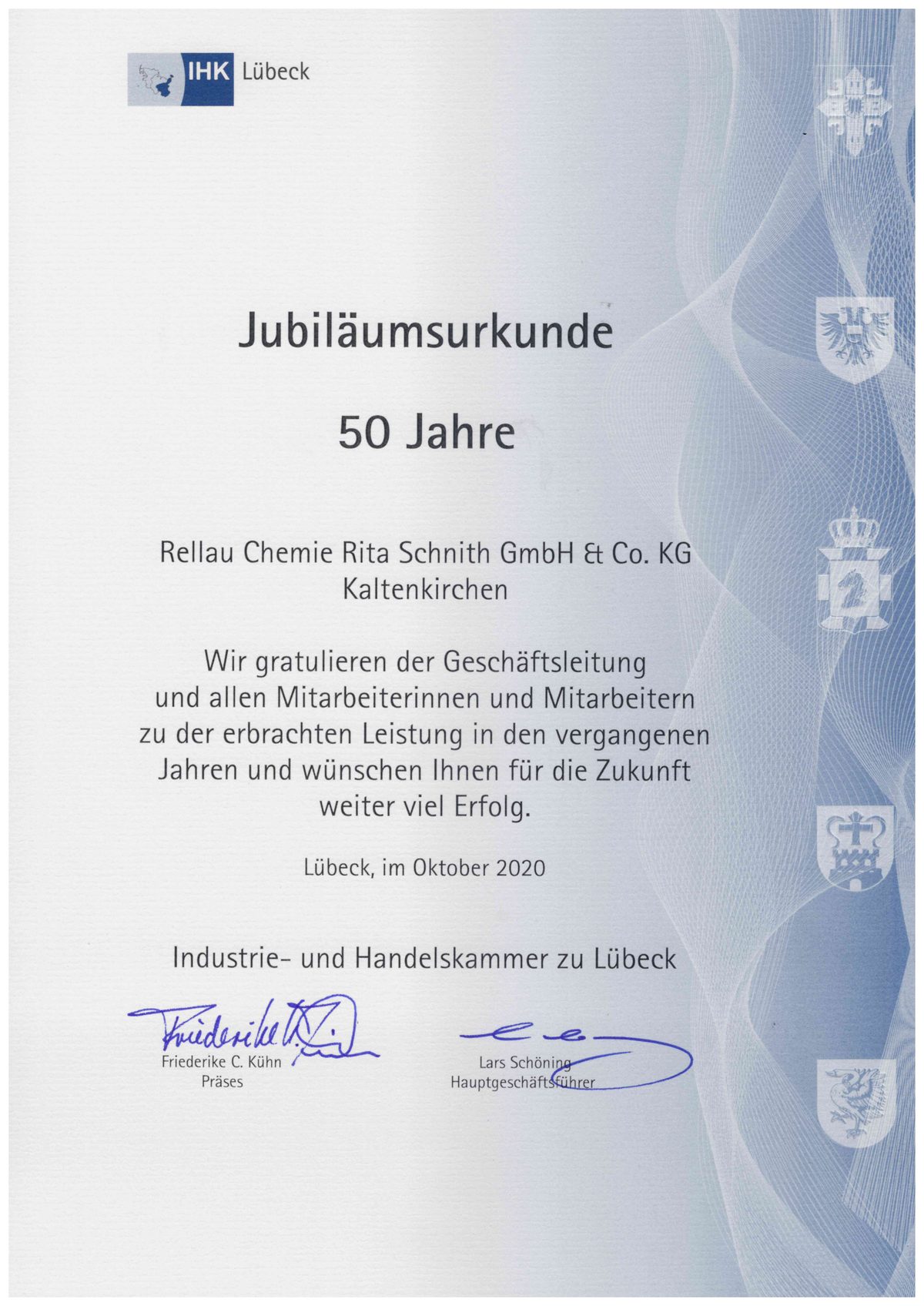 IHK Jubiläumsurkunde 50 Jahre Rellau Chemie